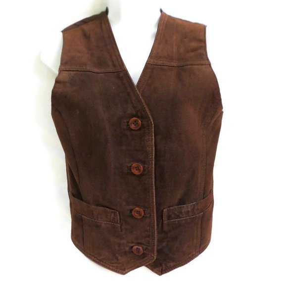 Vintage Jackets & Blazers - Kathy Ireland Vest Leather Suede Vintage Dark Brown Western Slot Pockets S